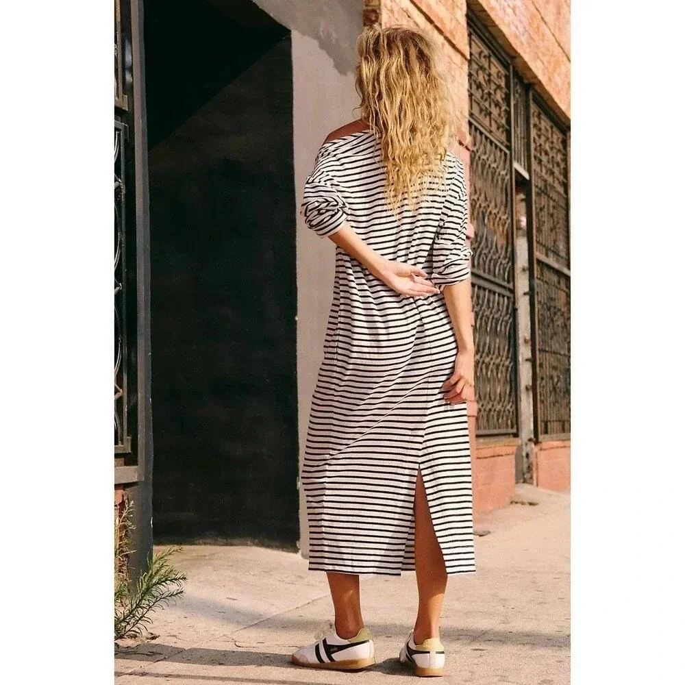 Free People Free Est Tivoli Maxi Black/Ivory Striped Oversize Dress NWT SZ XL